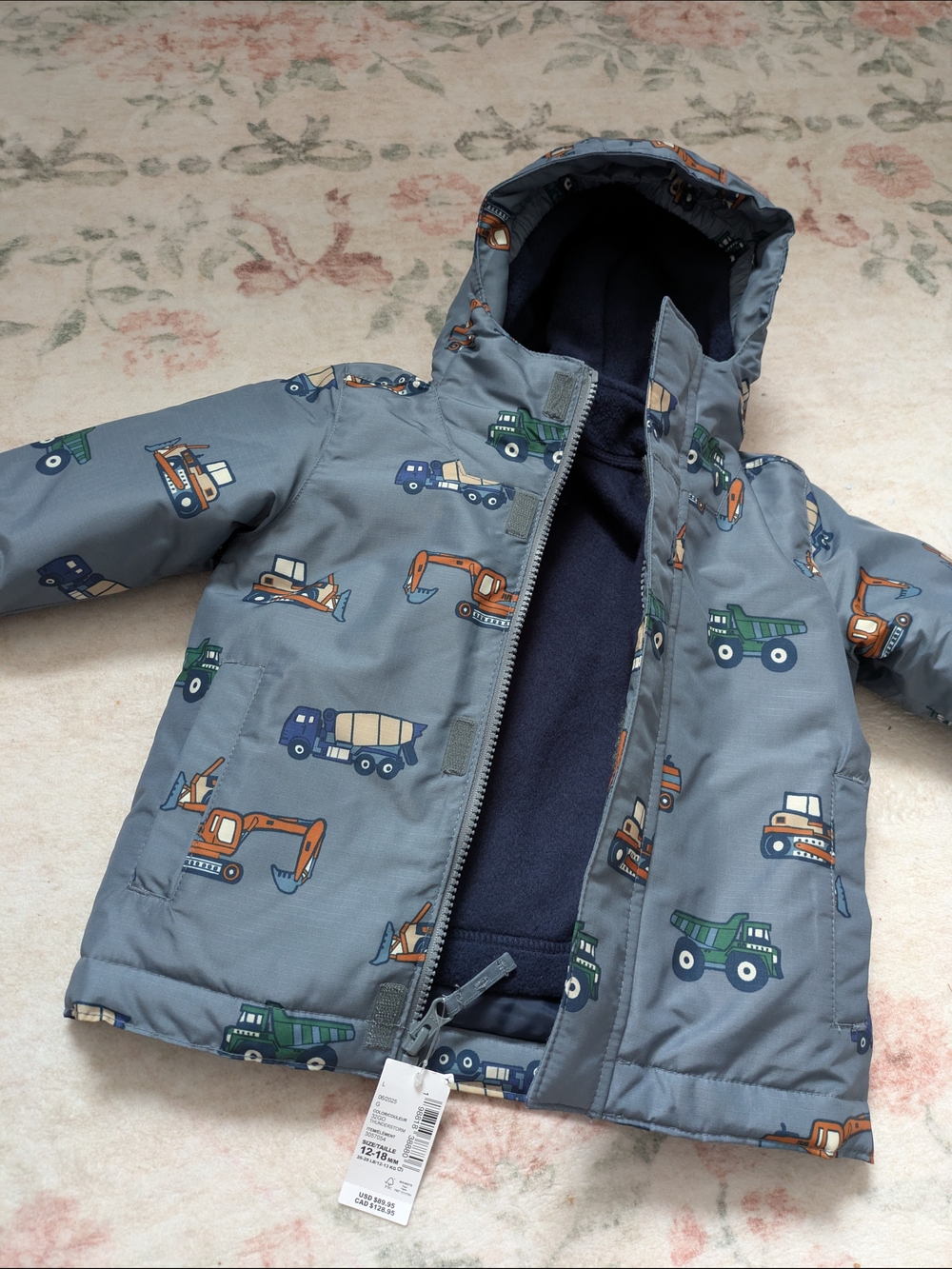 The Children's Place Blue Gray Hooded Jacket with Construction Trucks